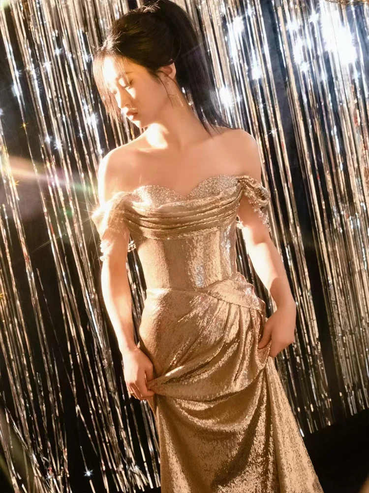 

Ele Gold Evening Gown One oulder Fi Tail Skirt Important Ocns Engagement High Faion Sense Women's Dr