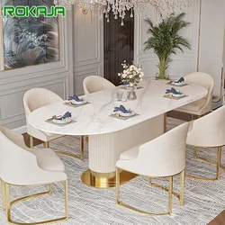 White Dining Table Set Luxury Oval Marble Top Gold Metal Base Dining Room Furniture Dining Tables Sets