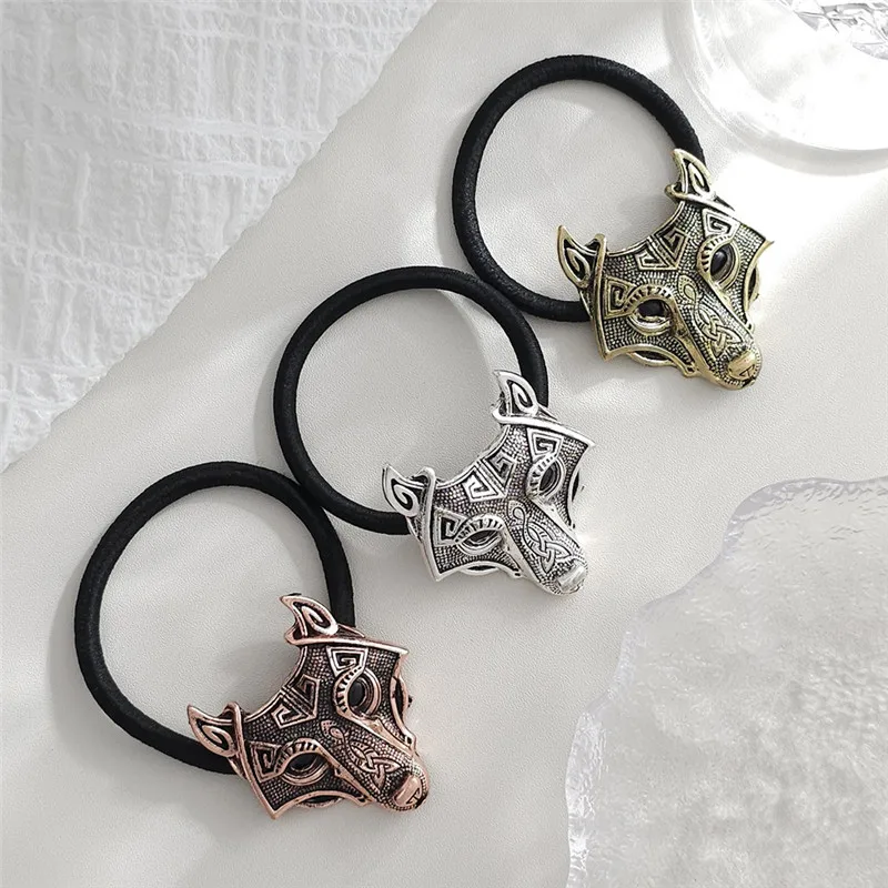 Banda de pelo de lobo de Metal Vikingo para niña, decoración de animales, Anillo para el cabello, cola de caballo elástica, trenza, accesorios para el cabello