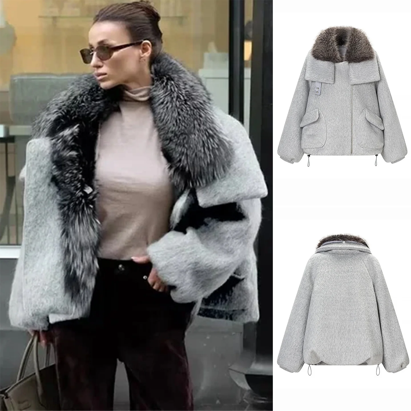 

Весенняя новинка: женская шерстяная куртка с отстегивающимся меховым воротником на молнии, модная европейская стильная верхняя одежда из хлопка и полиэстера...