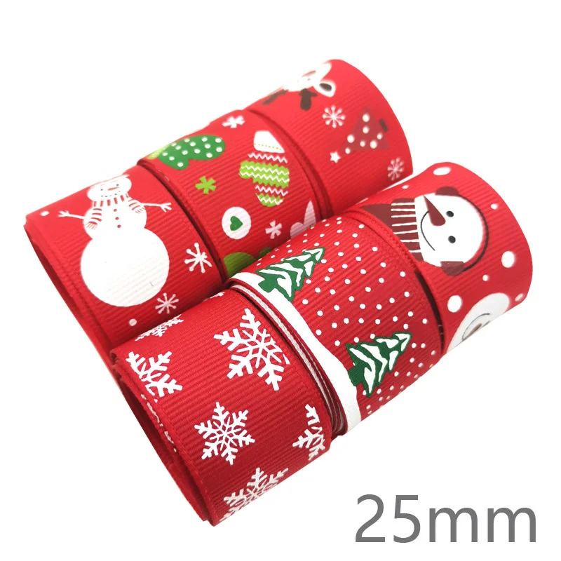 (10 Meters/Roll) 25mm Red Green Printed Snowflake Grosgrain Ribbon Handmade Christmas Festival Gift Ribbons