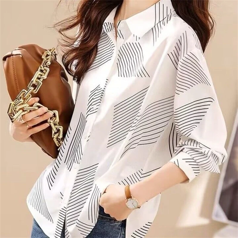 Women's Korean Fashion Geometric Striped Print Button Up Shirt Office Lady Elegant Business Casual Blouse Long Sleeve Loose Tops