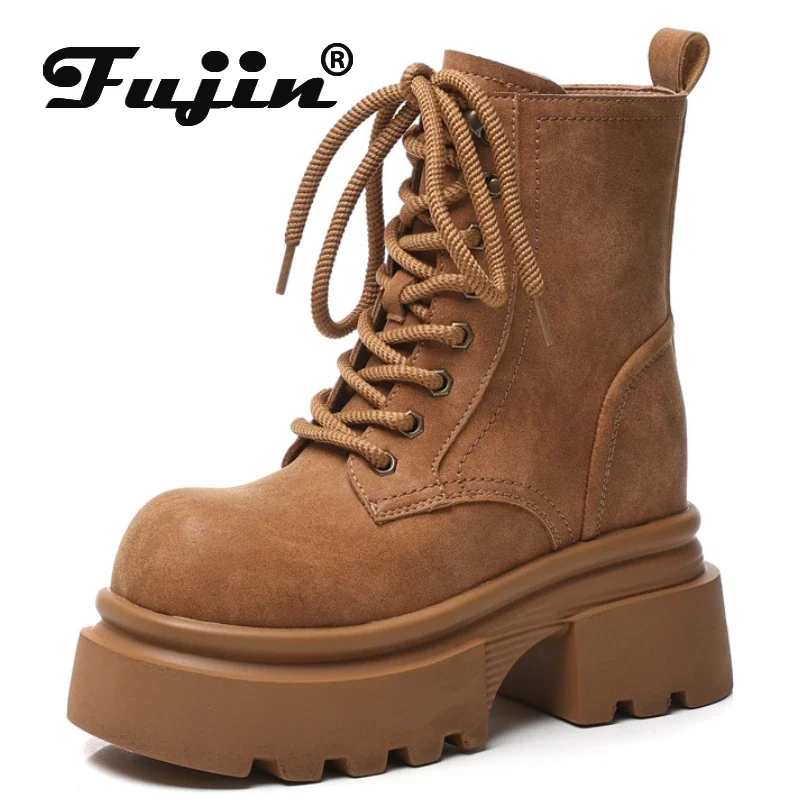 Fujin 9.5cm New Synthetic Microfiber Leather Chunky Sneakers High Brand Plush Motorcycle Women Spring Autumn Ankle Booties Shoes