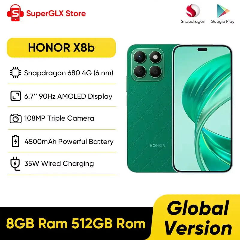 Smartphone Honor-x8b 4g 8gb de Ram 512gb Rom Snapdragon 680 67 90hz Refresh Rate Display Câmera 108mp Bateria 4500mah Novo