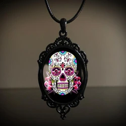 Pink Day of Death Sugar Skull Jet Black Filigree Pendant Necklace