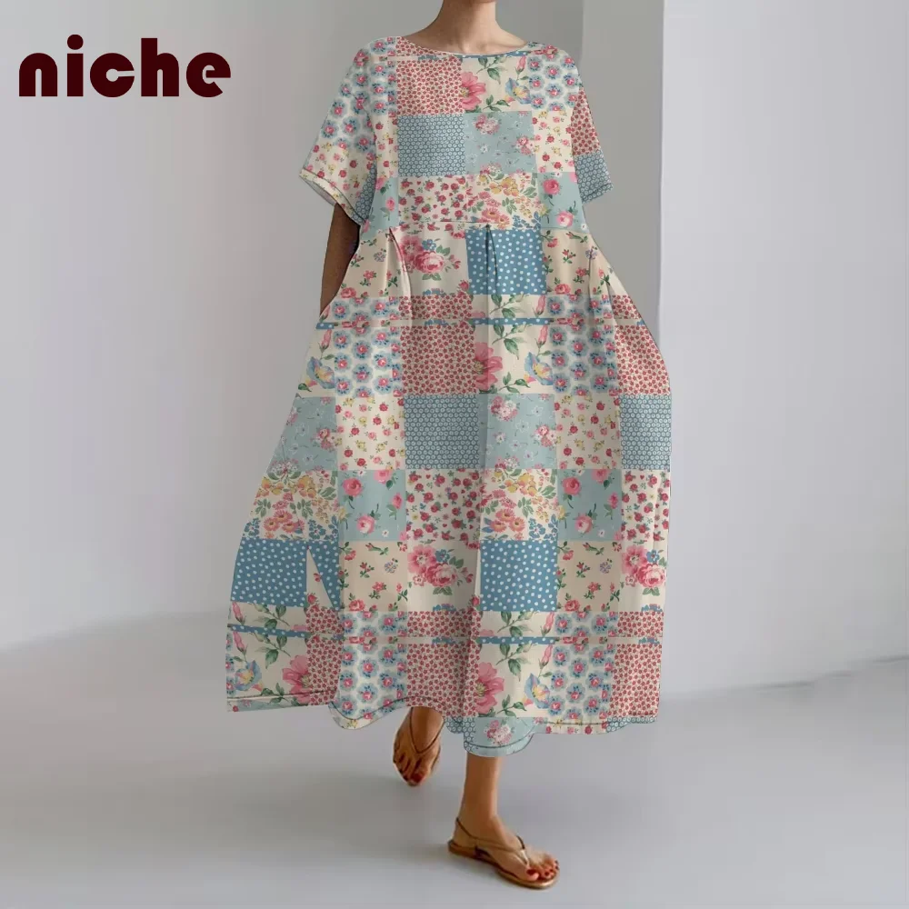 

Ladies Dress Fresh Flower Splicing Graphic Printing High Quality Cotton And Linen Trend Soft And Comfortable Long Skirt