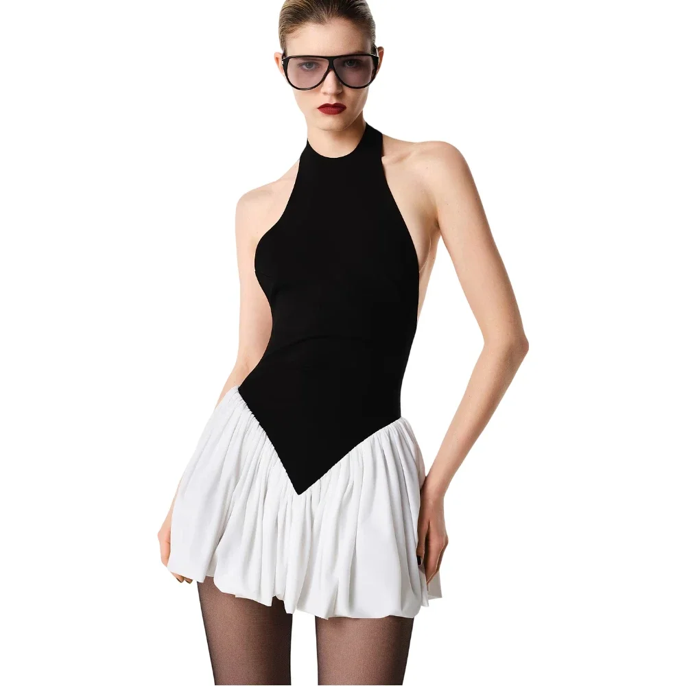 

Elegant Black White Contrast Halter Mini Dress Sexy Backless Ruched Party Gown for Luxury Dinner Date Clubwear Women Clothing