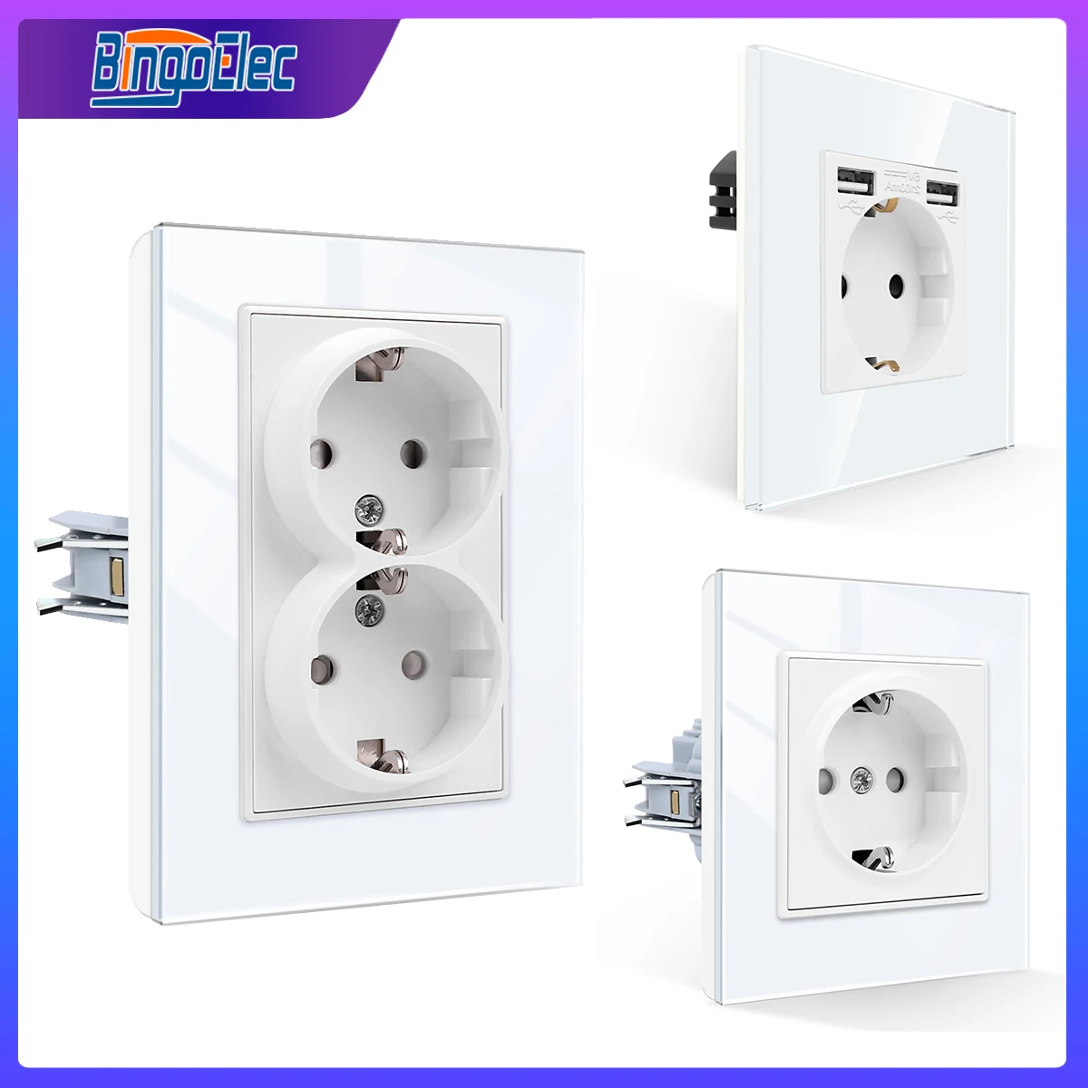 Bingoelec EU Standard Single Power Socket USB Wall Sockets Double Outlets 110-250V White Crystal Glass Panel Home Office