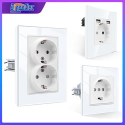 Bingoelec EU Standard Single Power Socket USB Wall Sockets Double Outlets 110-250V White Crystal Glass Panel Home Office