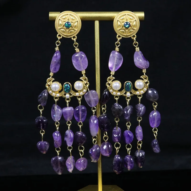 Vintage Court Style Natural Stone Purple Irregular Long Sweep Shoulder Pendant Earrings Advanced Delicacy Jewelry for Women