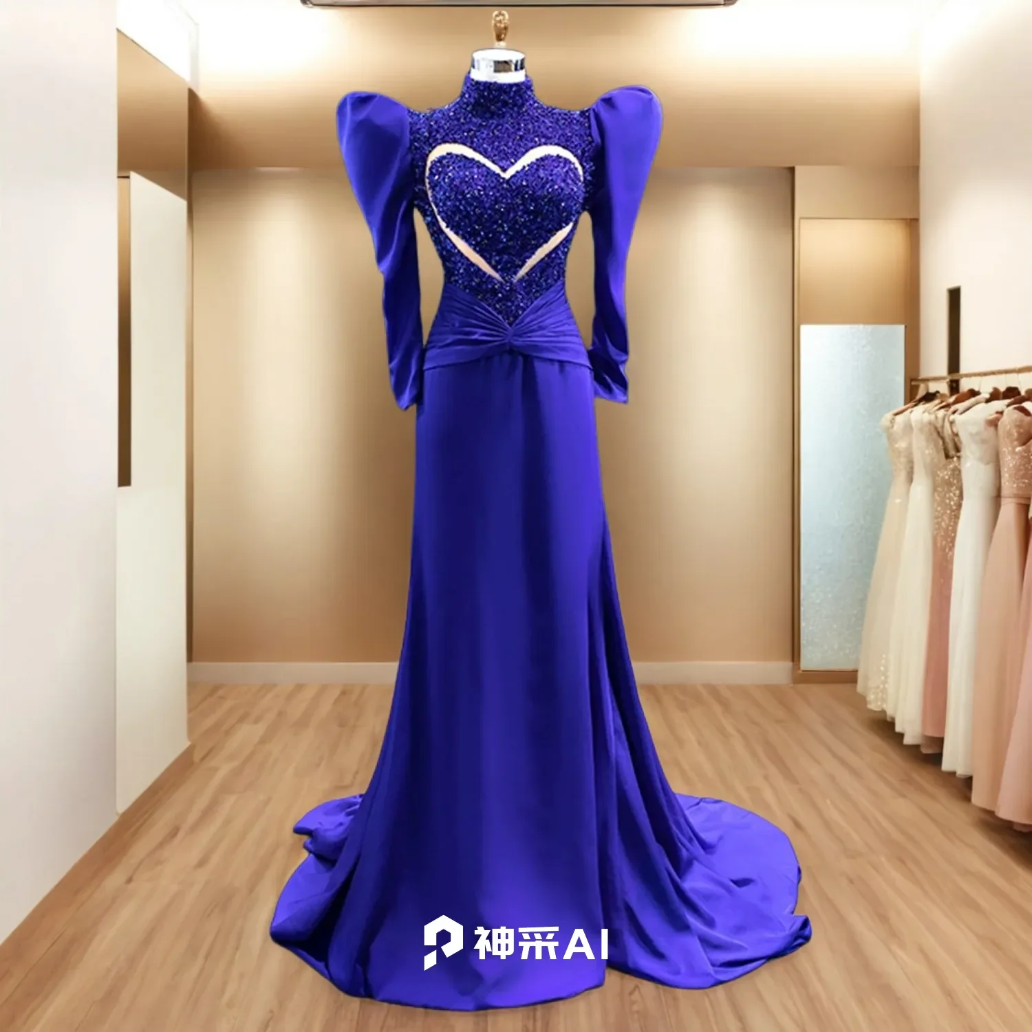 

Hire Lnyer High Neck Long Sleeve Shiny Beads Sequins Royal Blue Satin Mermaid Evening Dresses Can Be Process In Any Color