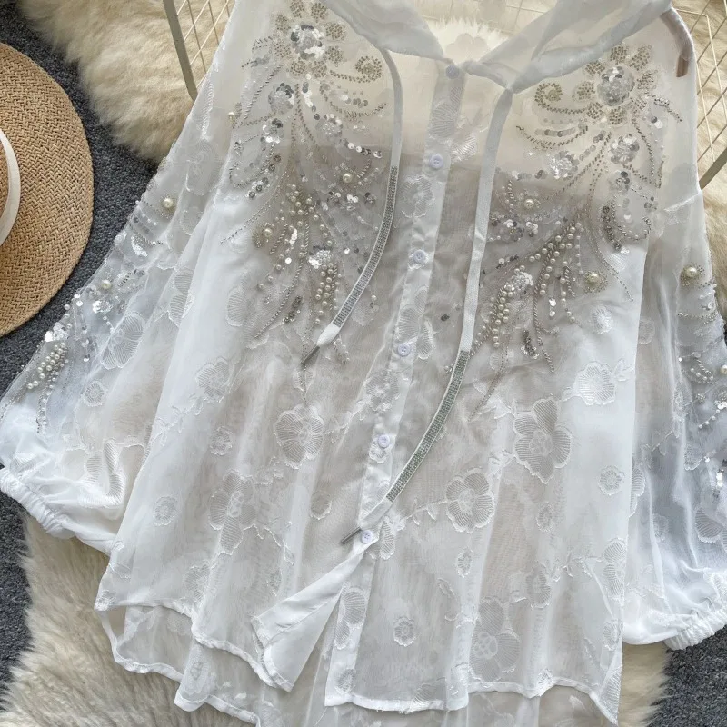 Women's Summer Top Coat Mesh Hood Sequin Beading Embroidery Thin Sun Protection Casual Design Fashion New Niche Versatile Skinny