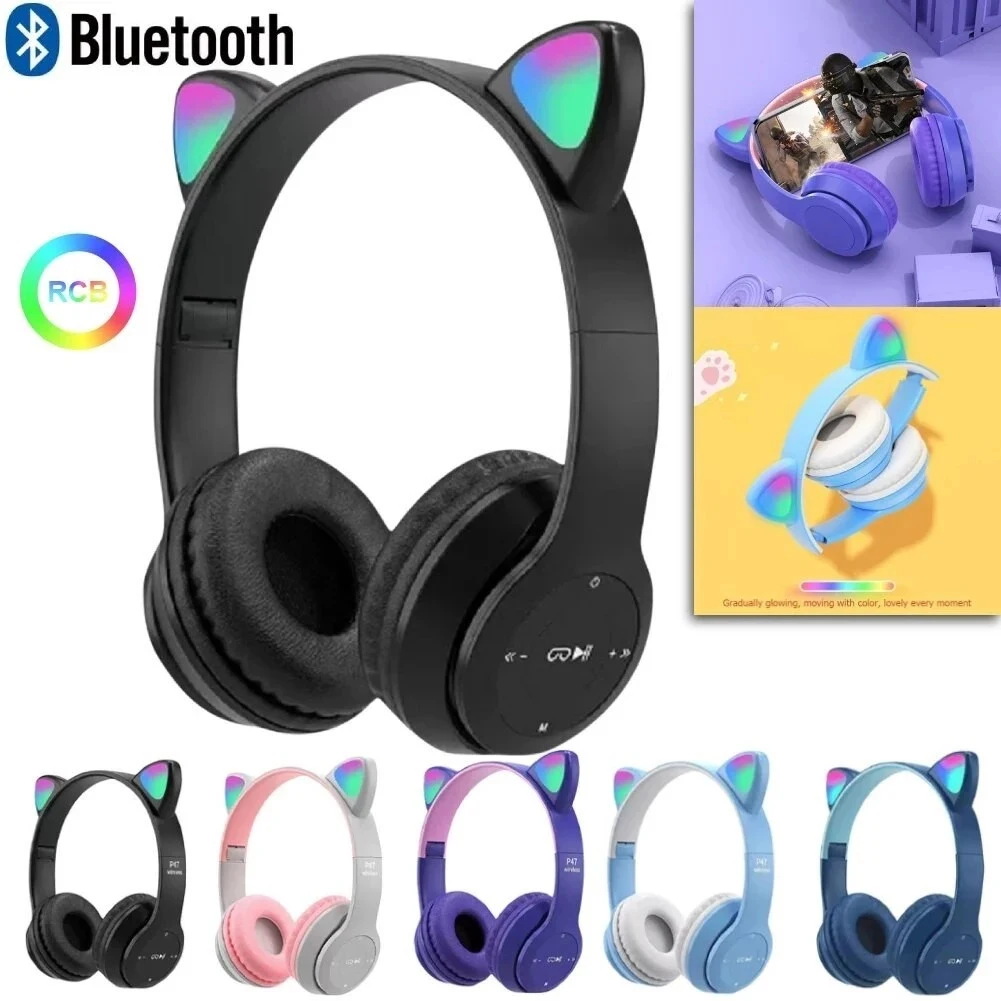 P47M Wireless Bluetooth Headset Gamer Cat LED Light Waterproof Noise Cancelling Earbuds Wireless Headphones Bluetooth Earphones