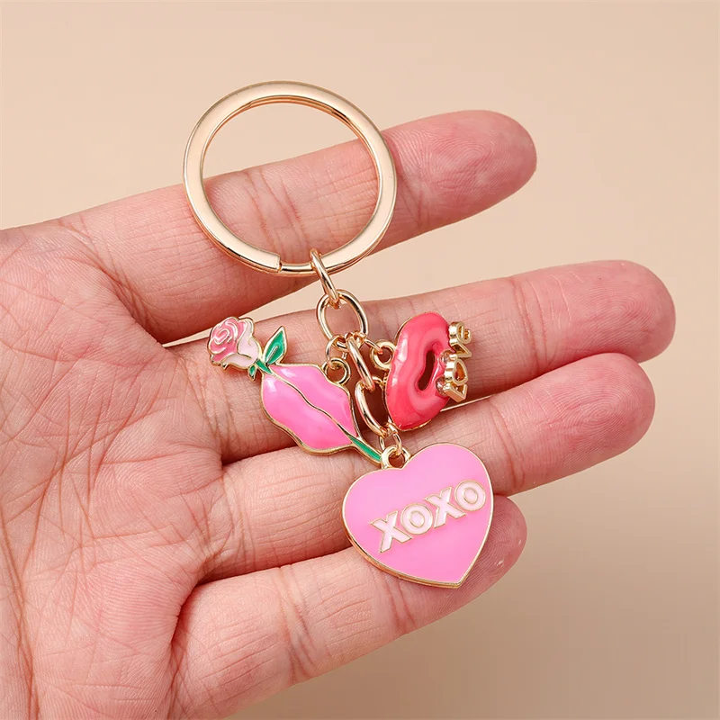 Niedlicher Schlüsselanhänger mit Herz, Emaille-Lippen und Rose für Damen und Herren, Auto-Schlüssel, Handtaschen-Anhänger, Schlüsselketten, DIY-Accessoires – Detail 9