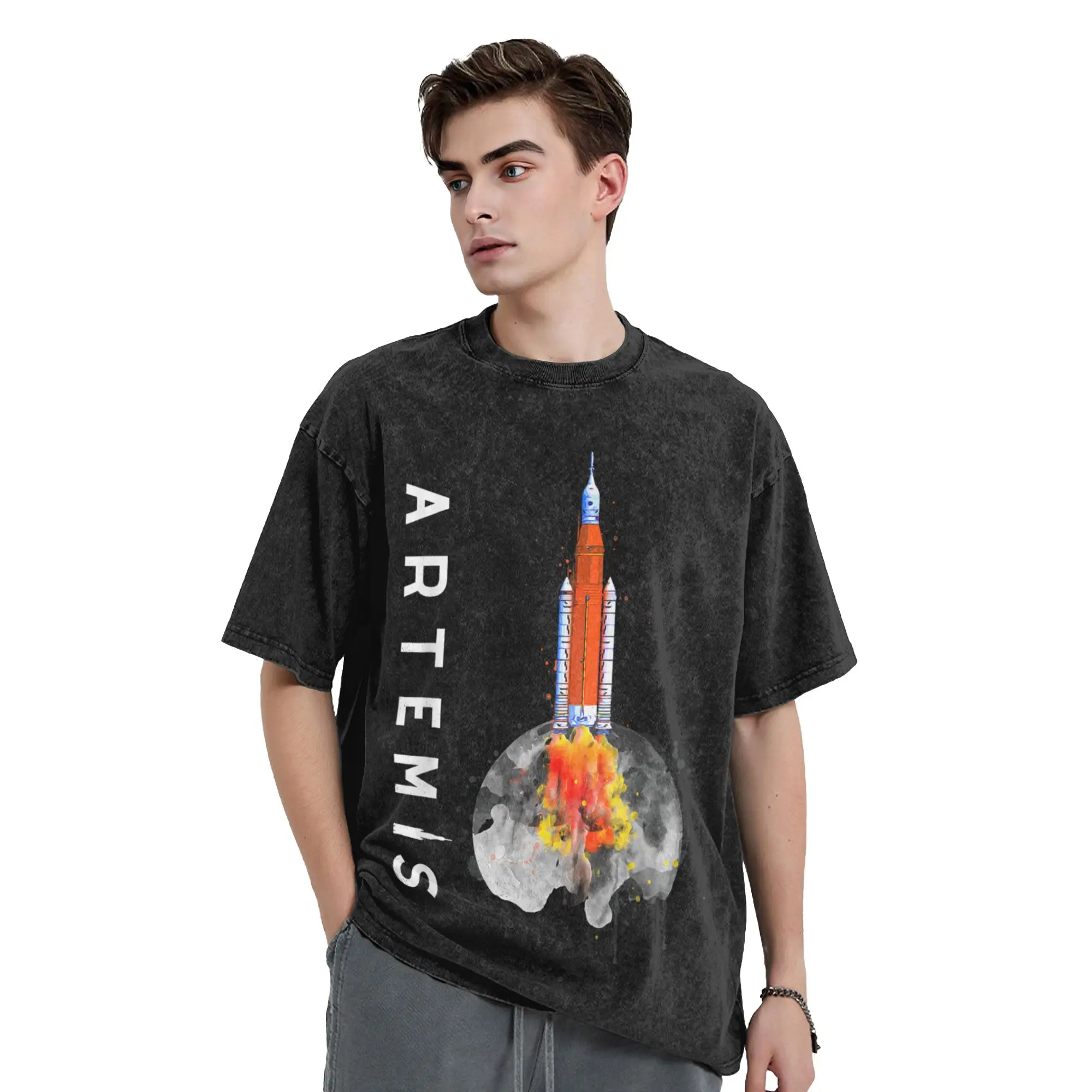 Artemis 1 SLS Rocket Launch Mission to The Moon and Beyond T Shirts Men 100% Cotton Crewneck  Tees Short Sleeve Clothing