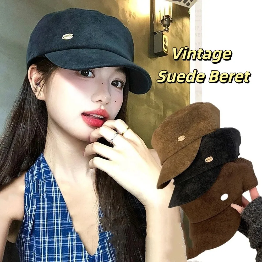 

Classic Vintage Suede Beret Y2k Artist Painter Berets Flat Brim Versatile Beanie Cap Female