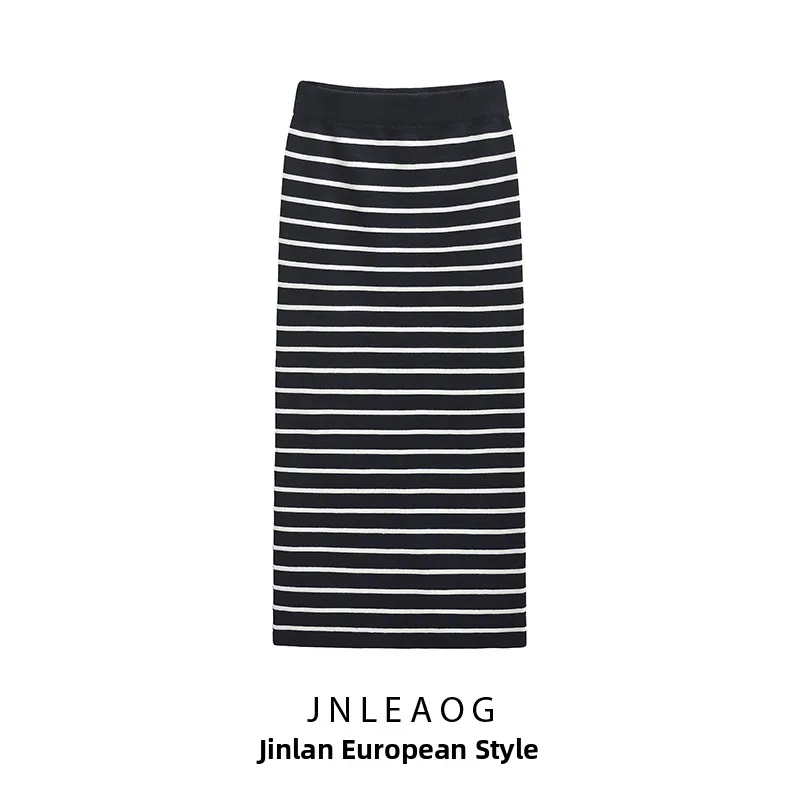 

JNLEAOG Autumn New Women's Faion Knitted Stripe Print Color Blo Straight Skirt Mid-Length Polyester Fiber Versatile Sle
