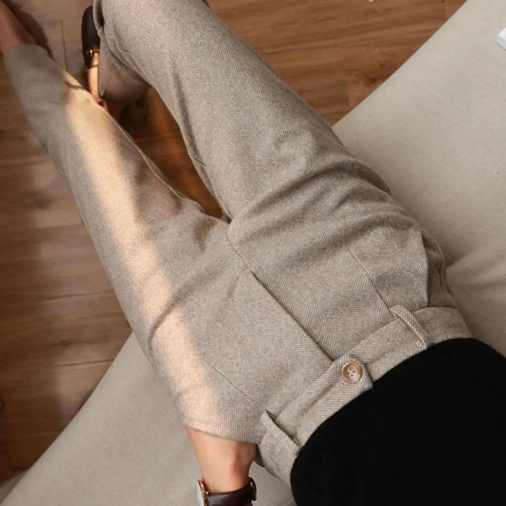 

Classic High-waisted Slacks Stylish High-waisted Women's Pants for Autumn Winter with Button Fly Pockets Herringbone Woolen