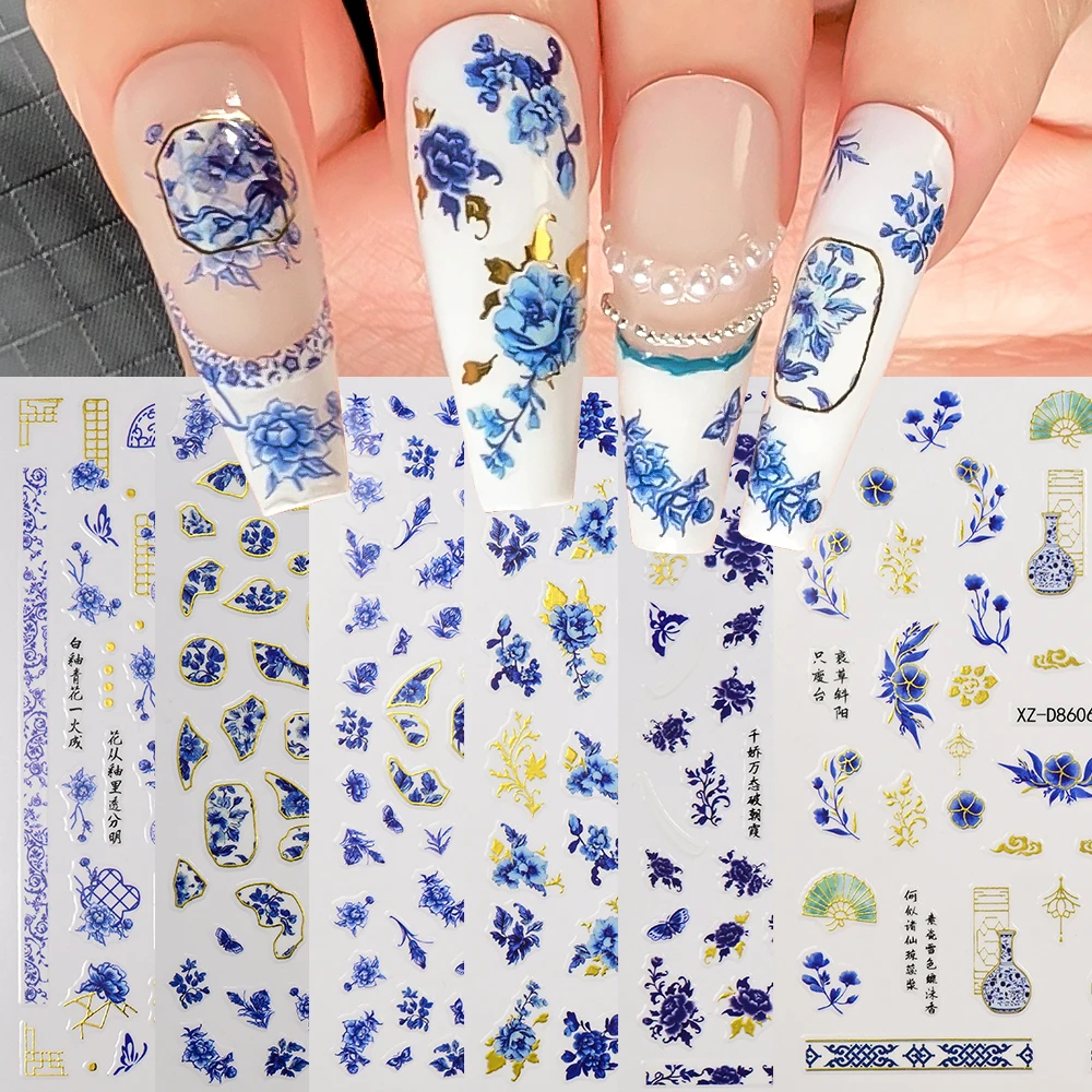 1 szt. Niebiesko-białe naklejki na paznokcie 3D z porcelany, retro chiński styl, piwonia, koi, samoprzylepne naklejki na paznokcie, złote stemple, manicure, slider