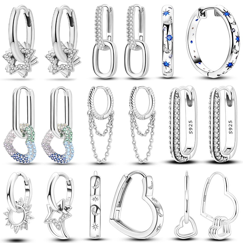 Pendientes de aro de plata 925 para mujer Pendientes de circonita con forma de corazón y estrella Pendientes originales joyería de moda