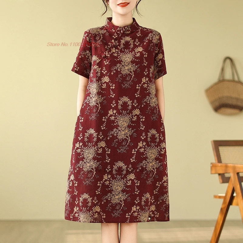 2025 chinese vintage cheongsam dress national flower print cotton linen dress improved qipao chinese a-line qipao folk dress