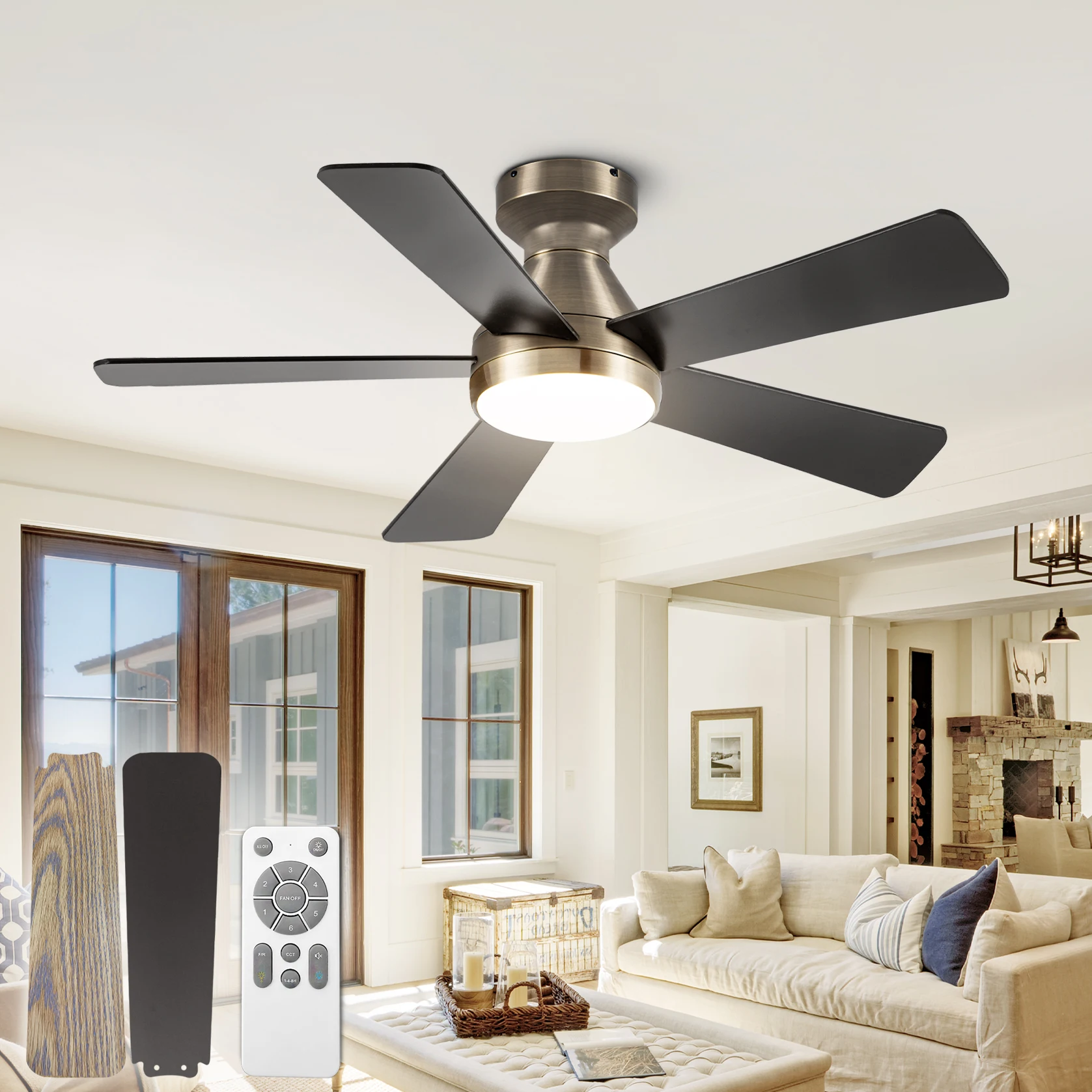 Ceiling Fan with Light 3 Colors, 6 Speeds, Timing, Ceiling Fan with Remote Control 5 Blades for Kitchen Bedroom Dining Room