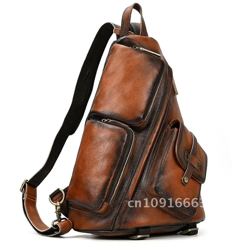 New Fashion Men's Leather Single Shoulder Backpack Real Cowskin Chest Bag Crossbody Bag Backpacks For Man Male Anti Theft Men