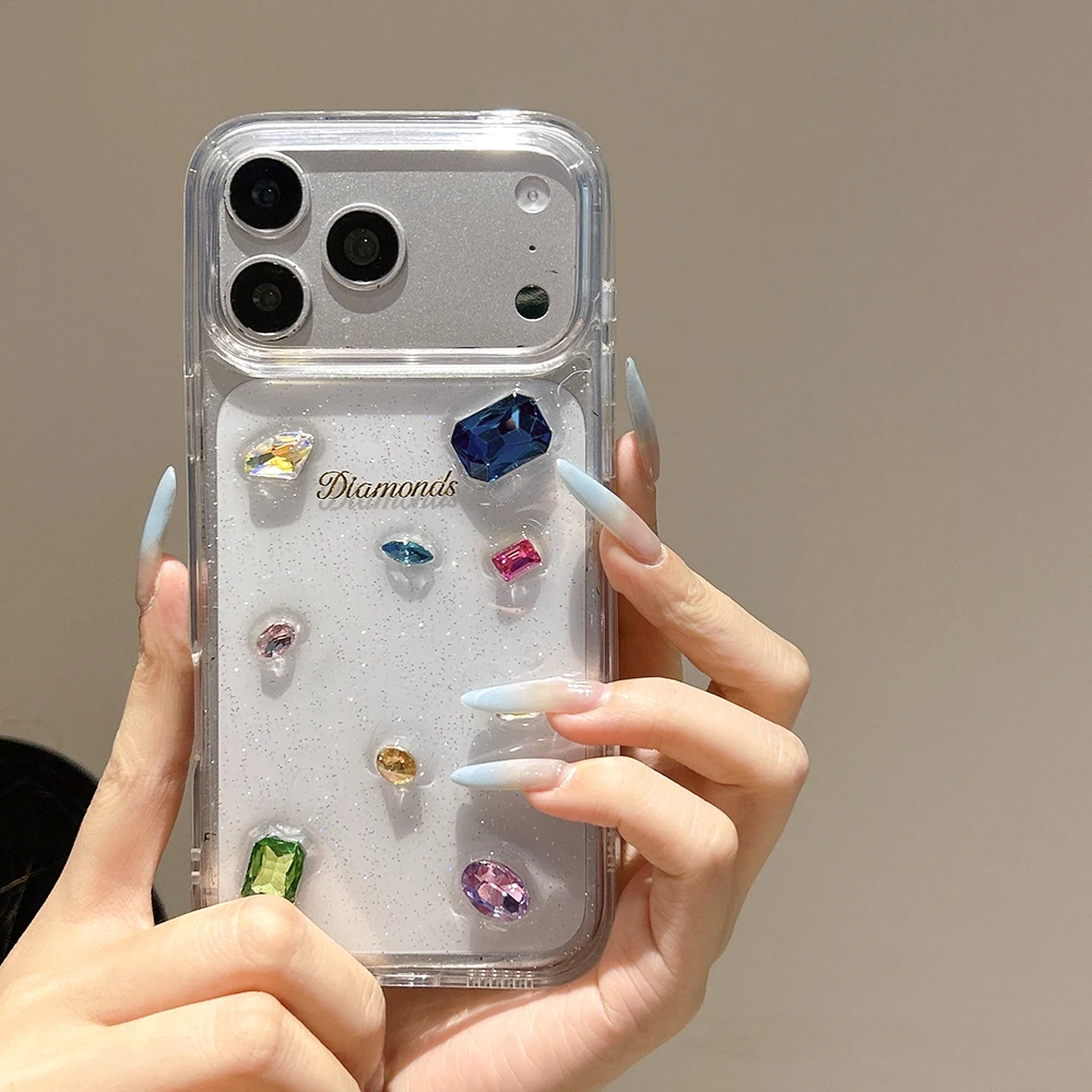 Modische Luxus-Glitzer 3D-Strass-Diamant Transparente Handyhülle für iPhone 17 Pro 16 Pro Max 15 13 14 Stoßfeste Durchsichtige Schutzhülle – Detail 1