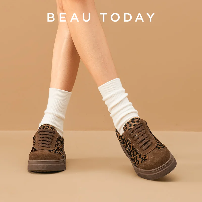 

BEAUTODAY Fashion Leopard Sneakers Women Cow Suede Lace-up Round Toe Patchwork Ladies Shoes Handmade 29895