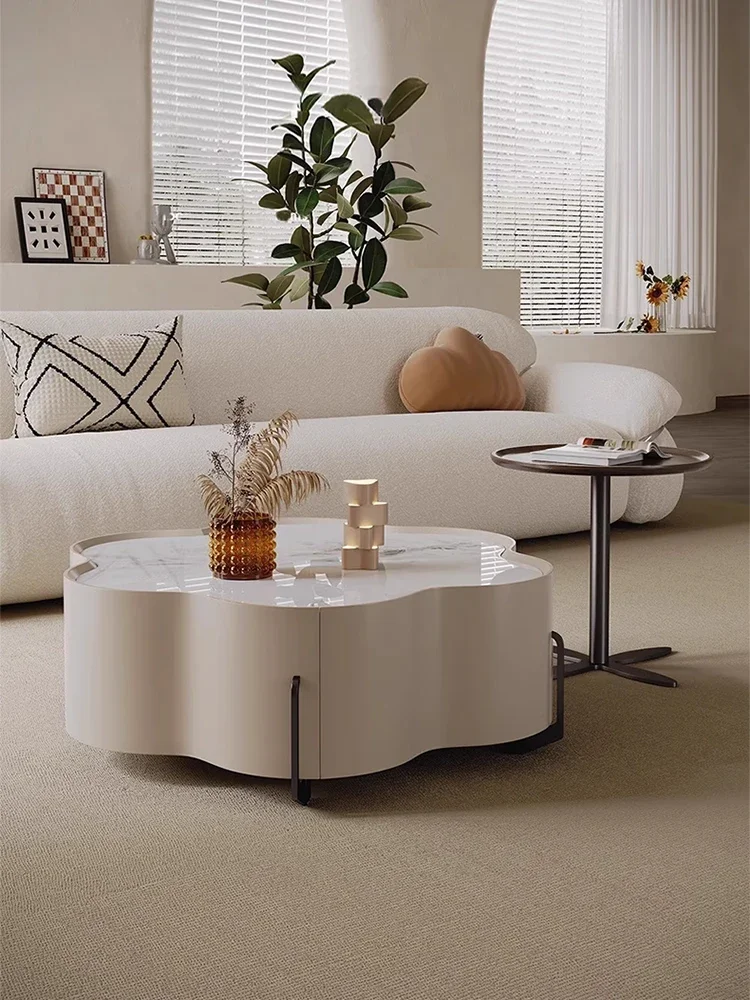 Italian minimalist designer modern simple cream style living room rock slab coffee table