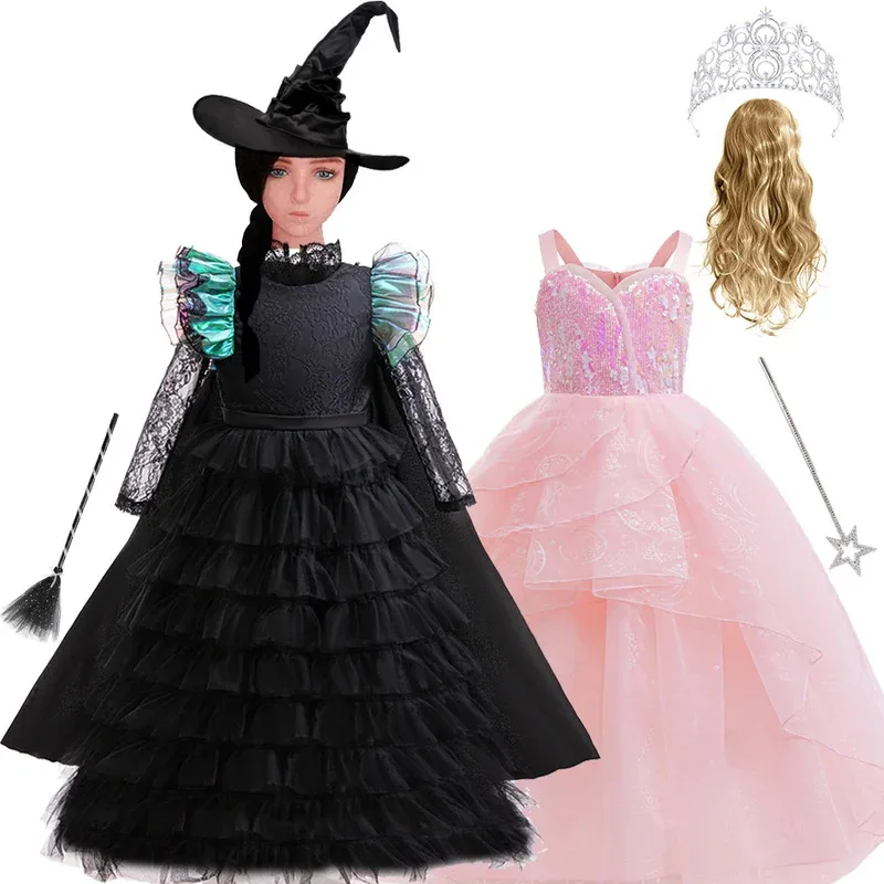 

XT8Magical Wicked Witch Role Playing Summer Children's Black Dresses 7-12Y Halloween Party Girl Princess Costume MXT6@!