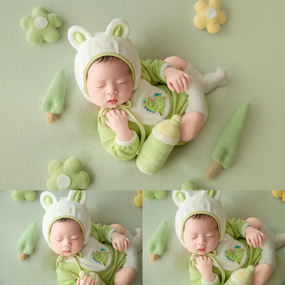 春のファンタジー新生児写真撮影用小道具-グリーンのふわふわロンパース-動物耳付き帽子セット-ぬいぐるみ馬人形-ベビーマイルストーン撮影用小道具