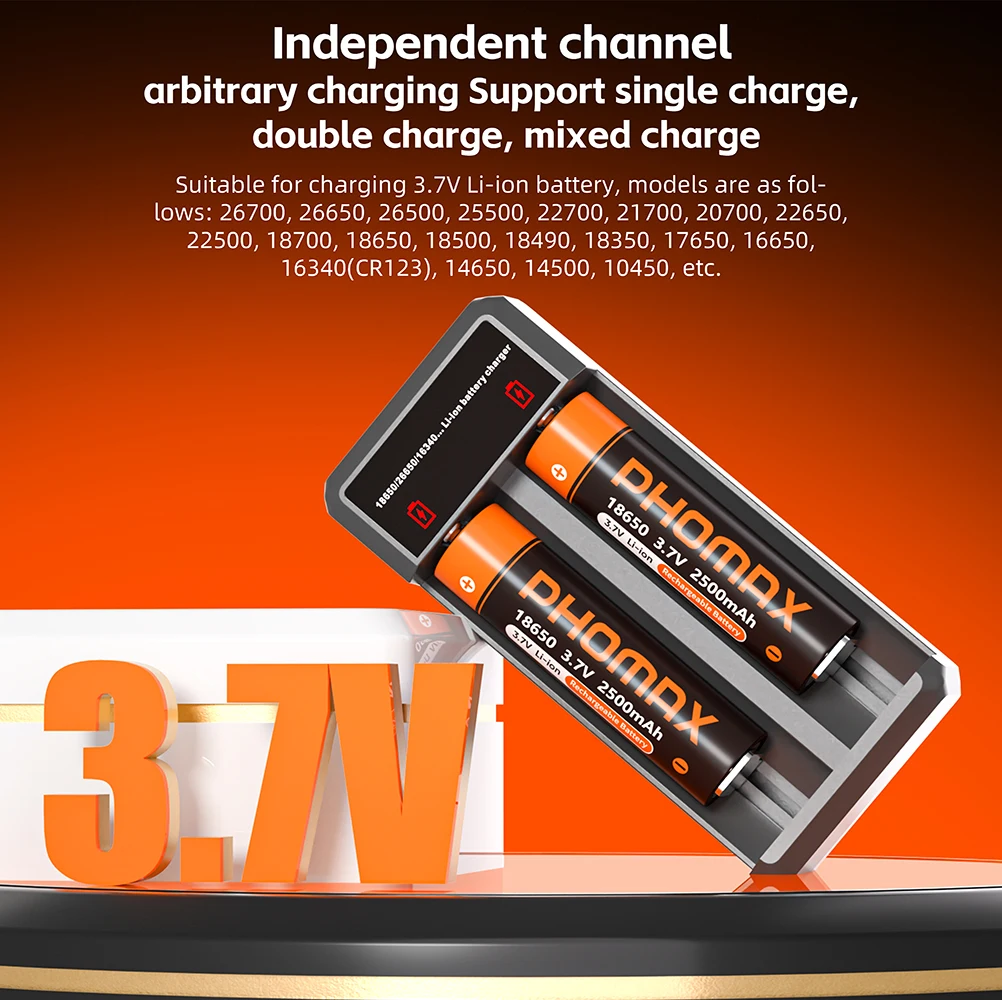 

PHOMAX 18650 Battery 3.7V 2500mAh Lithium Rechargeable Battery 18650 Charger For Headlamp Mini Audio System Remote Control Car
