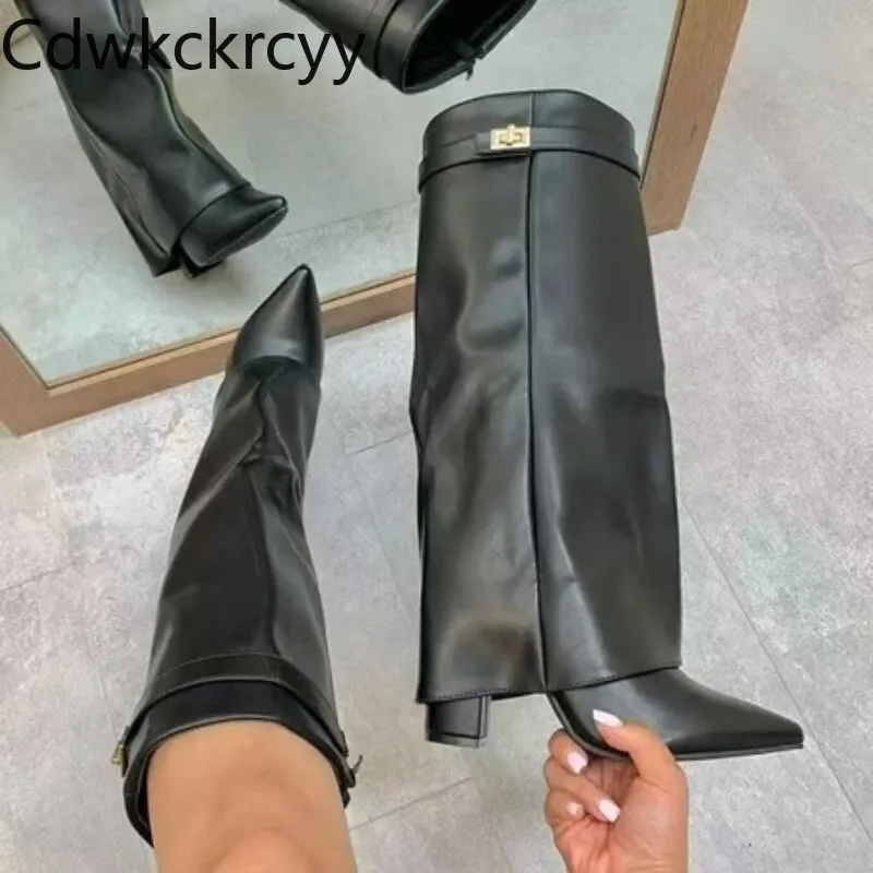 Herbst Winter Neues Modell Modische High Heels Damenschuhe Spitze Metallverzierung Reißverschluss High-Top Damenstiefel Größe 34-48