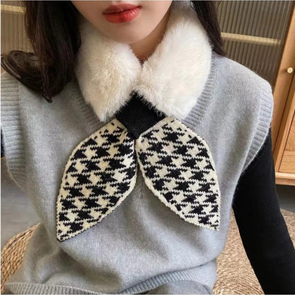 

Женский осенне-зимний вязаный плюшевый теплый утолщенный шарф с кружевной отделкой, комфортный и милый, с узором «гусиная лапка»