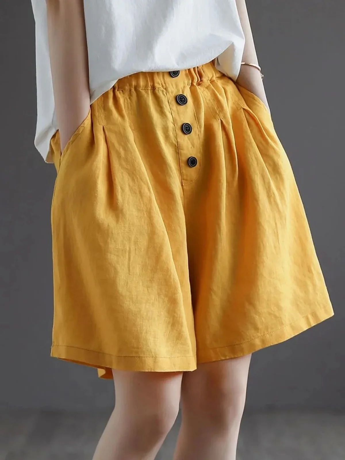 Hoge taille knoopbroek dames kleur casual broek rechte pijp vijfkwart lengte comfortabele pasvorm modieus