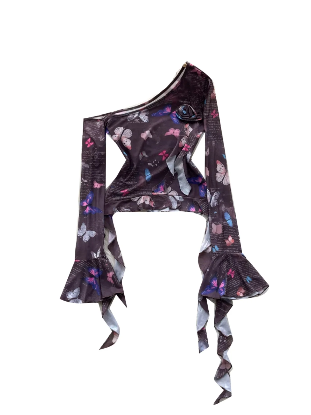 تي شيرت نسائي بأكمام طويلة على الطراز الأمريكي، تصميم مثير بياقة جانبية، كتف مكشوف، أكمام واسعة، تصميم نحيف مع طباعة شبكية عصرية