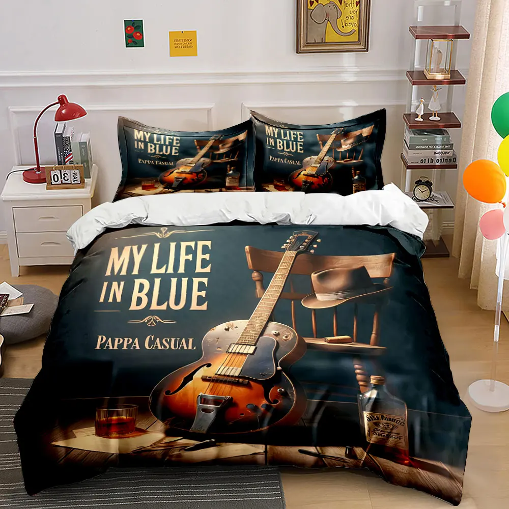 Guitar Hat Whiskey Set Decor Bedding Set with 1 Duvet Cover 2 Pillowcases Single Double King Queen, Gift