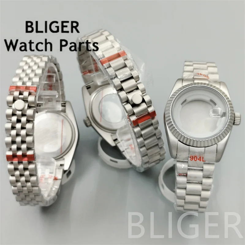 BLIGER-caja de reloj de acero inoxidable cepillado recubierto, 31mm, con correa, bisel redondo, cristal de zafiro ampliado, apto para movimiento NH05 NH06