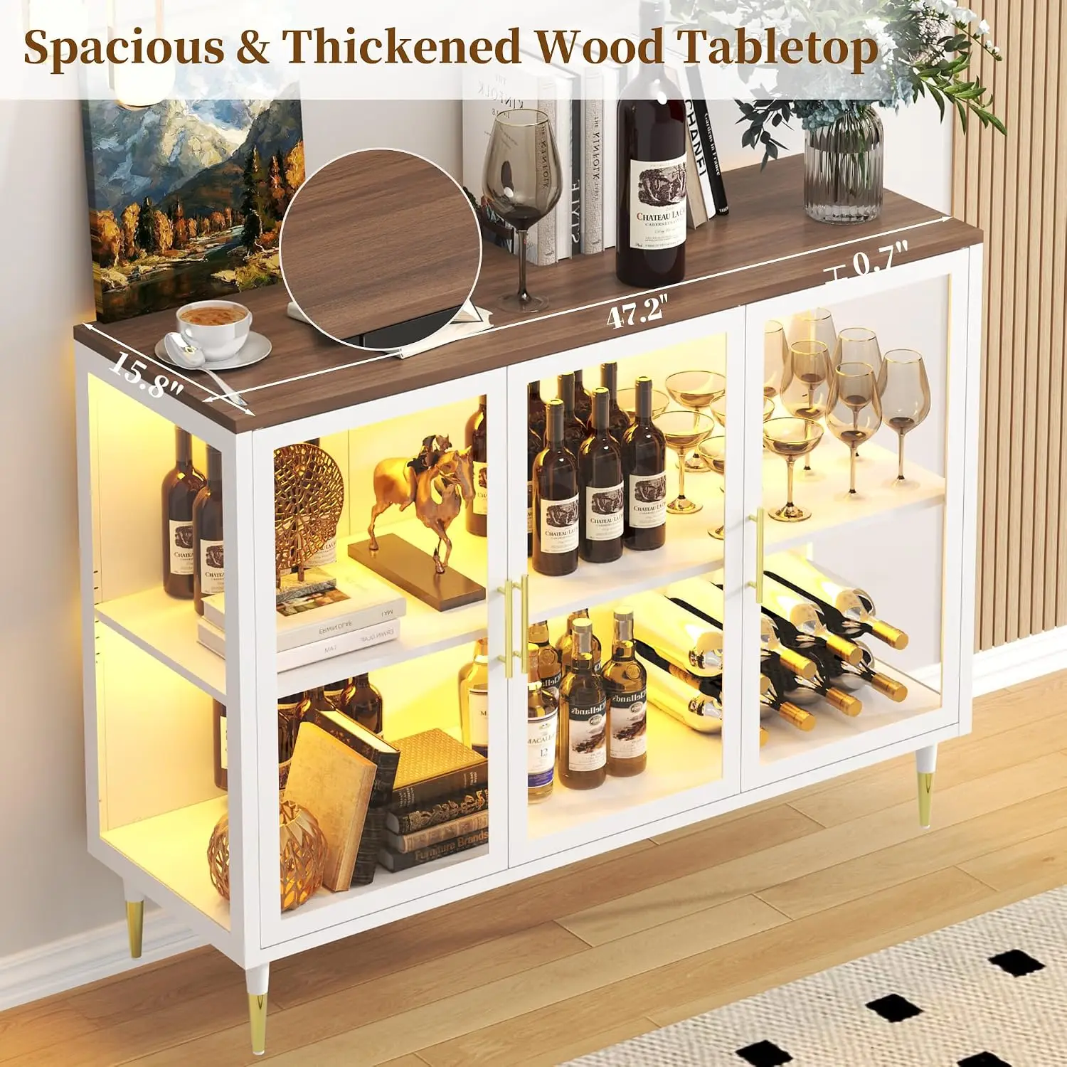 Glass Sideboard Buffet Cabinet with LED Lights, 47
