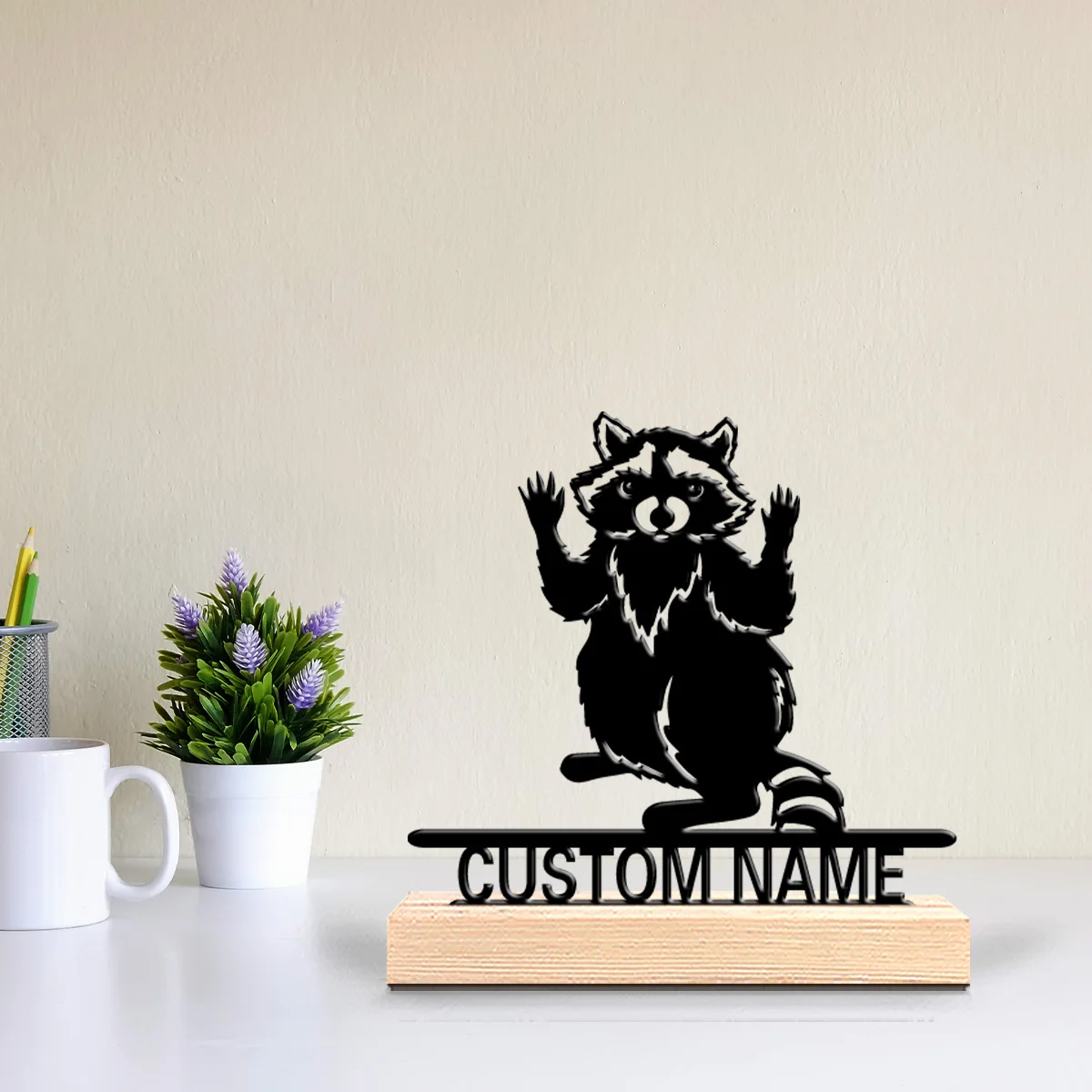 1pc Raccoon Customizable Letter Metal Statue Iron Ornament Art Figurine With Wood Base Tin Statue For Office Room Decor