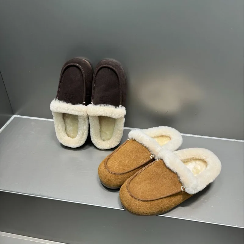 women's Sheepskin fur integrated outer wear bag head half slippers new flat bottom velvet bean shoes keep warm