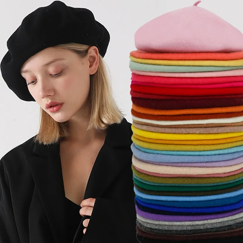 Vintage Wool Beret Caps Autumn Winter Women Girls Solid Color Thick Warm Flat Caps Painter Casual Beret Caps Fashion Simple Gift