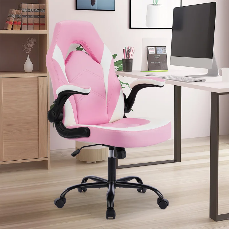 Ergonomic High-Back Gaming Chair with Flip-Up Armrests, Wheeled Office Seat for Adults