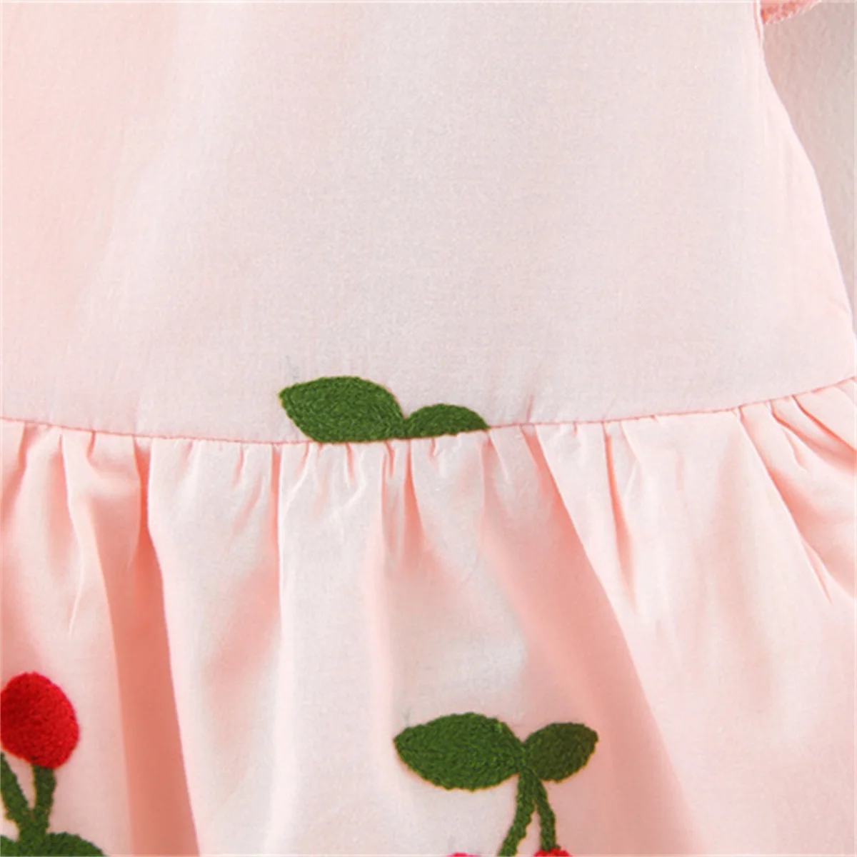 Summer Baby Girl\'s Dress Lovely Cherry Embroidery Small Flying Sleeves Knee-length Daily Solid Color Dress