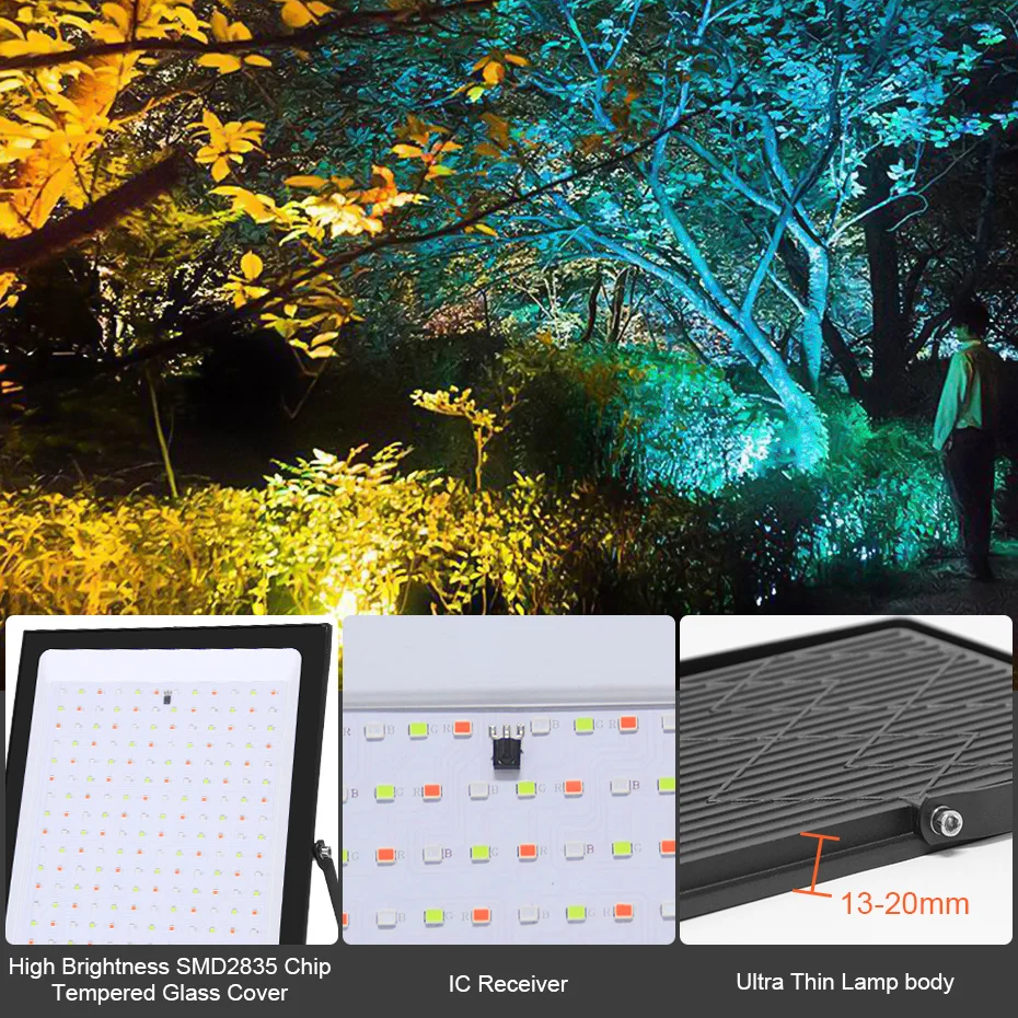 RGB LED Flood Light Outdoor 30W 50W 100W 200W Spotlight IP66 Waterproof 220V Ultra Thin Led Wall Floodlight with Remote Control