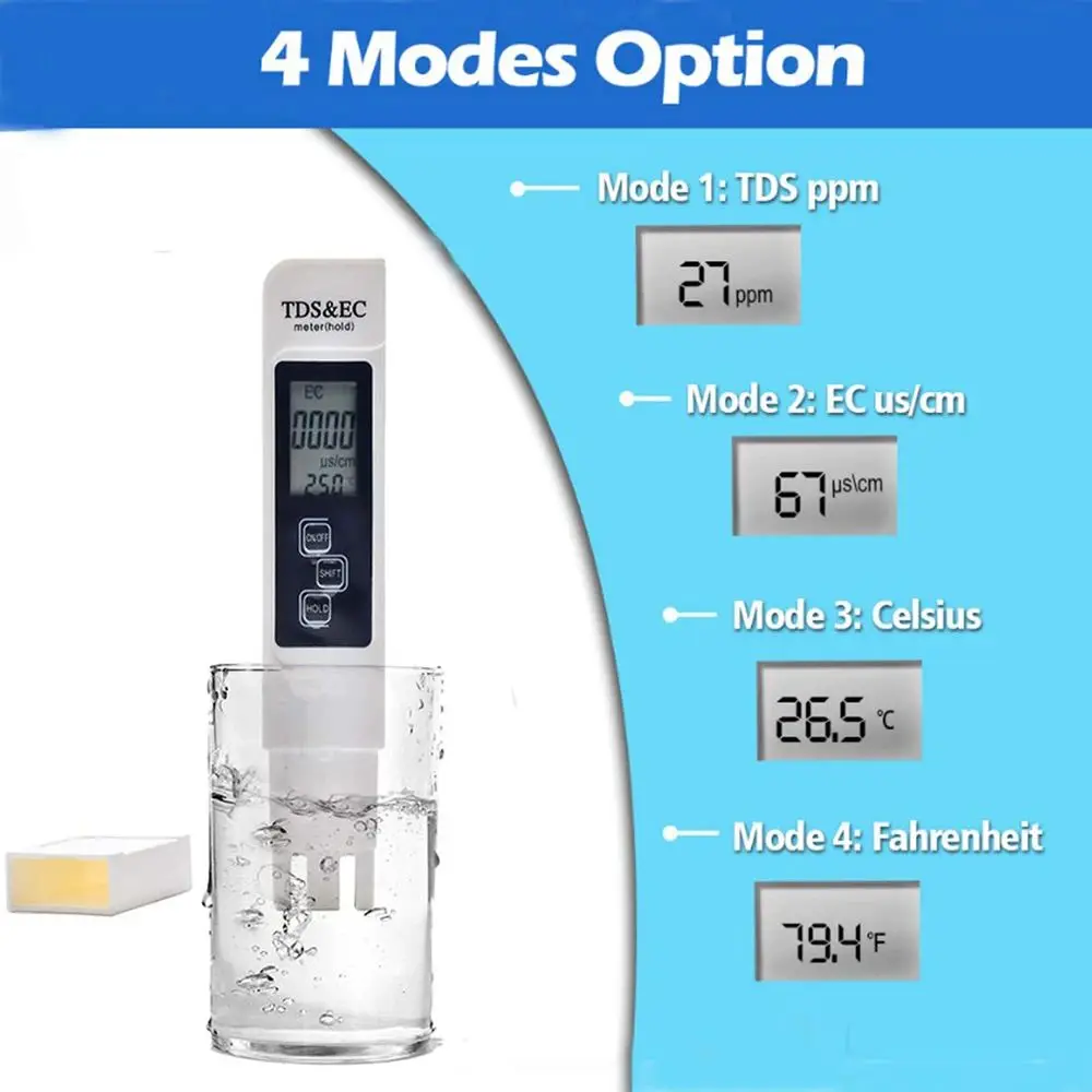 Digital TDS EC Water Tester Meter Multifunctional PPM Temp Purity Detector Pen White LCD Display 0-9990 Range