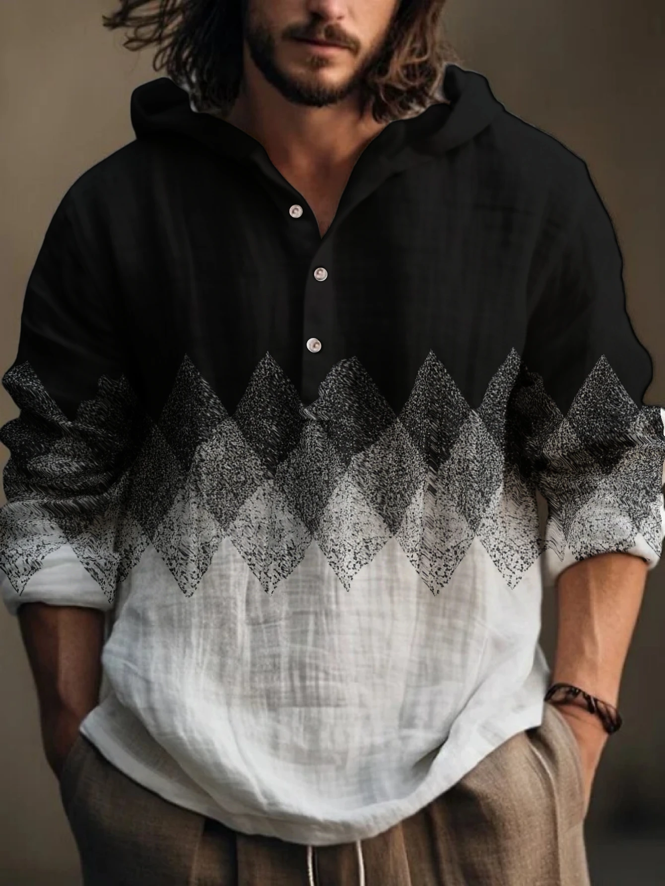 Men Geometric Argyle Print Hooded Henley Shirt Long Sleeve Loose Casual Shirts