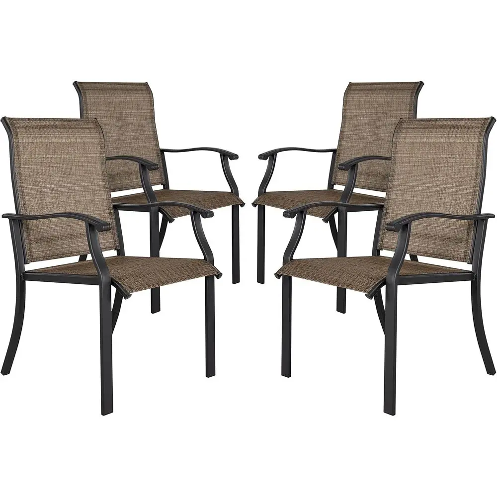 

Outdoor Patio Dining Chairs, High Back Textilene with Armrests, Iron Lawn Garden Deck Furniture, Black & Brown