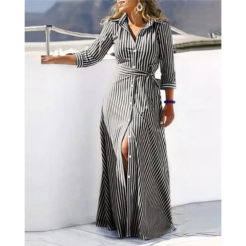 Shirt Dress For Women 2024 Long Sleeve Turn Down Collar Lace Up Print Vestidos Spring New Casual Fashion Big Swing Maxi Dresses